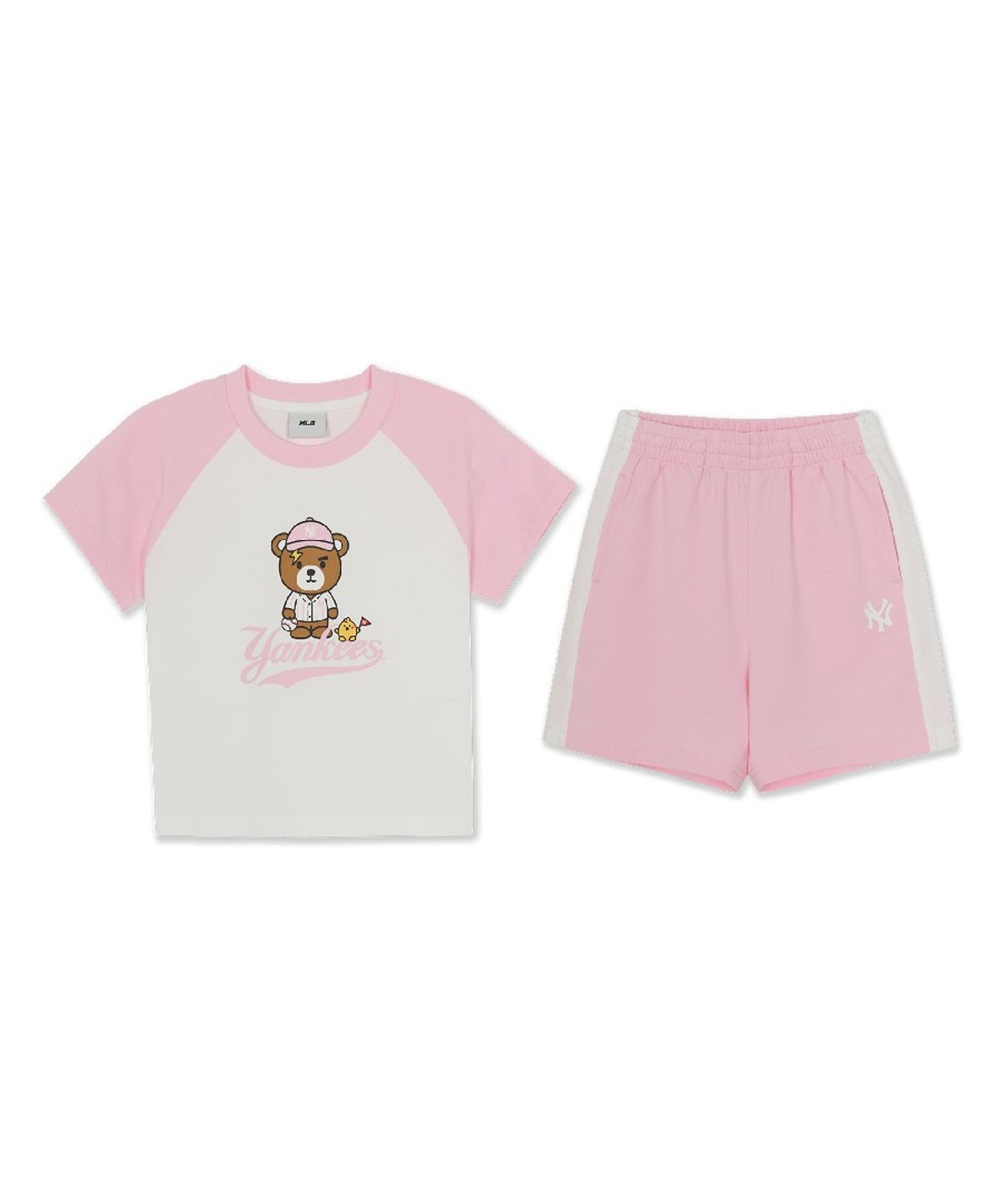 엠엘비 키즈(MLB KIDS) 메가베어 프렌즈 배색 래글런 티셔츠 세트 NY (L.Pink)