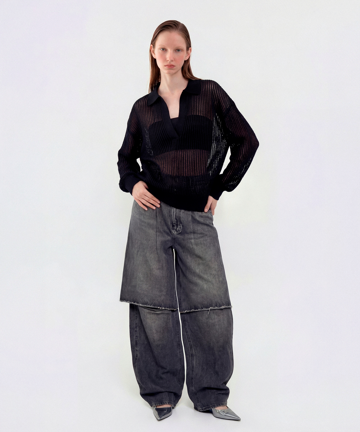 컷즈(CUTZ) 메쉬 부클 오픈 카라 풀오버(BLUE)