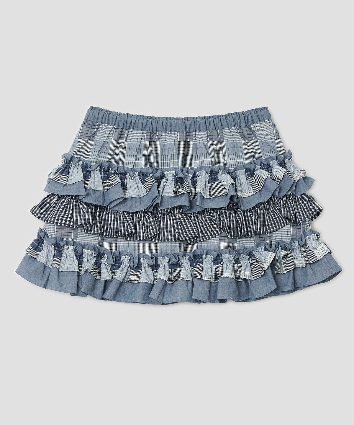 타입서비스(TYPESERVICE) Mixed Fabric Tiered Skirt [Blue]