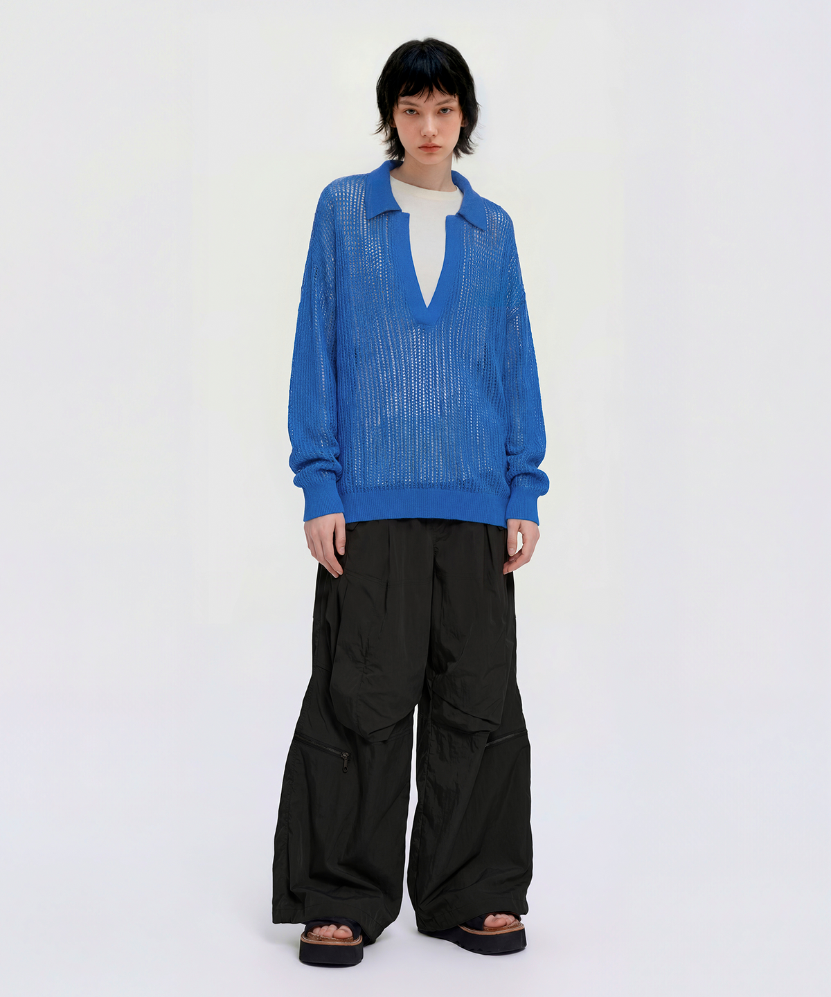 컷즈(CUTZ) 메쉬 부클 오픈 카라 풀오버(BLACK)