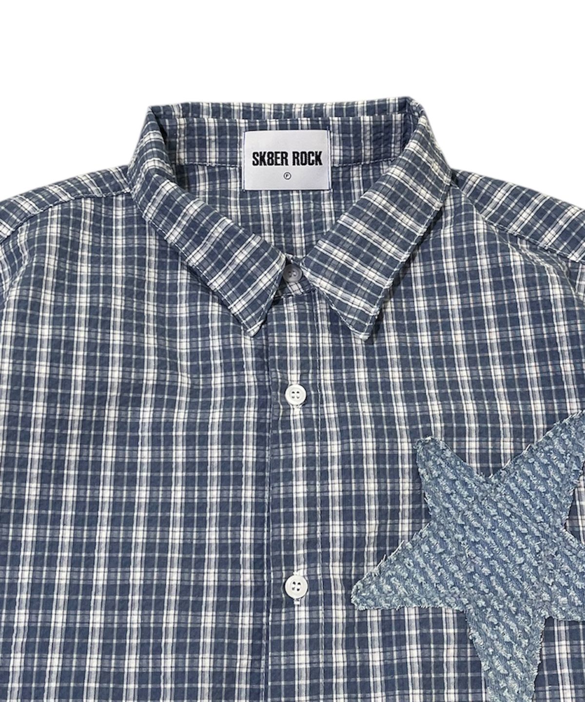 스케이터락(SK8ER ROCK) Star Seersucker Check Shirt ((Light blue))