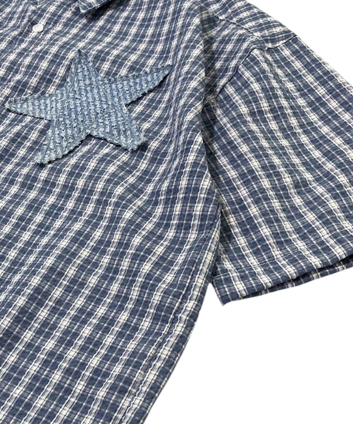 스케이터락(SK8ER ROCK) Star Seersucker Check Shirt ((Light blue))