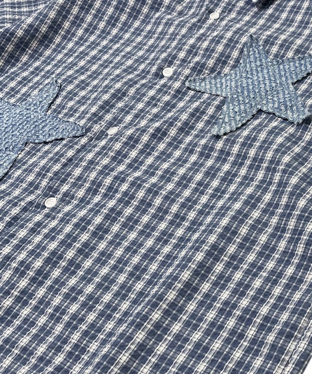 스케이터락(SK8ER ROCK) Star Seersucker Check Shirt ((Light blue))