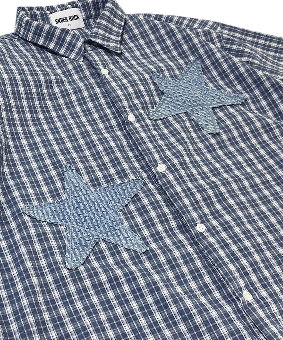 스케이터락(SK8ER ROCK) Star Seersucker Check Shirt ((Light blue))