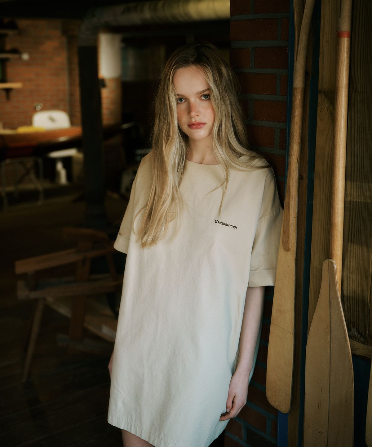 그린버터(GREENBUTTER) Relaxed Cotton Dress (Beige)