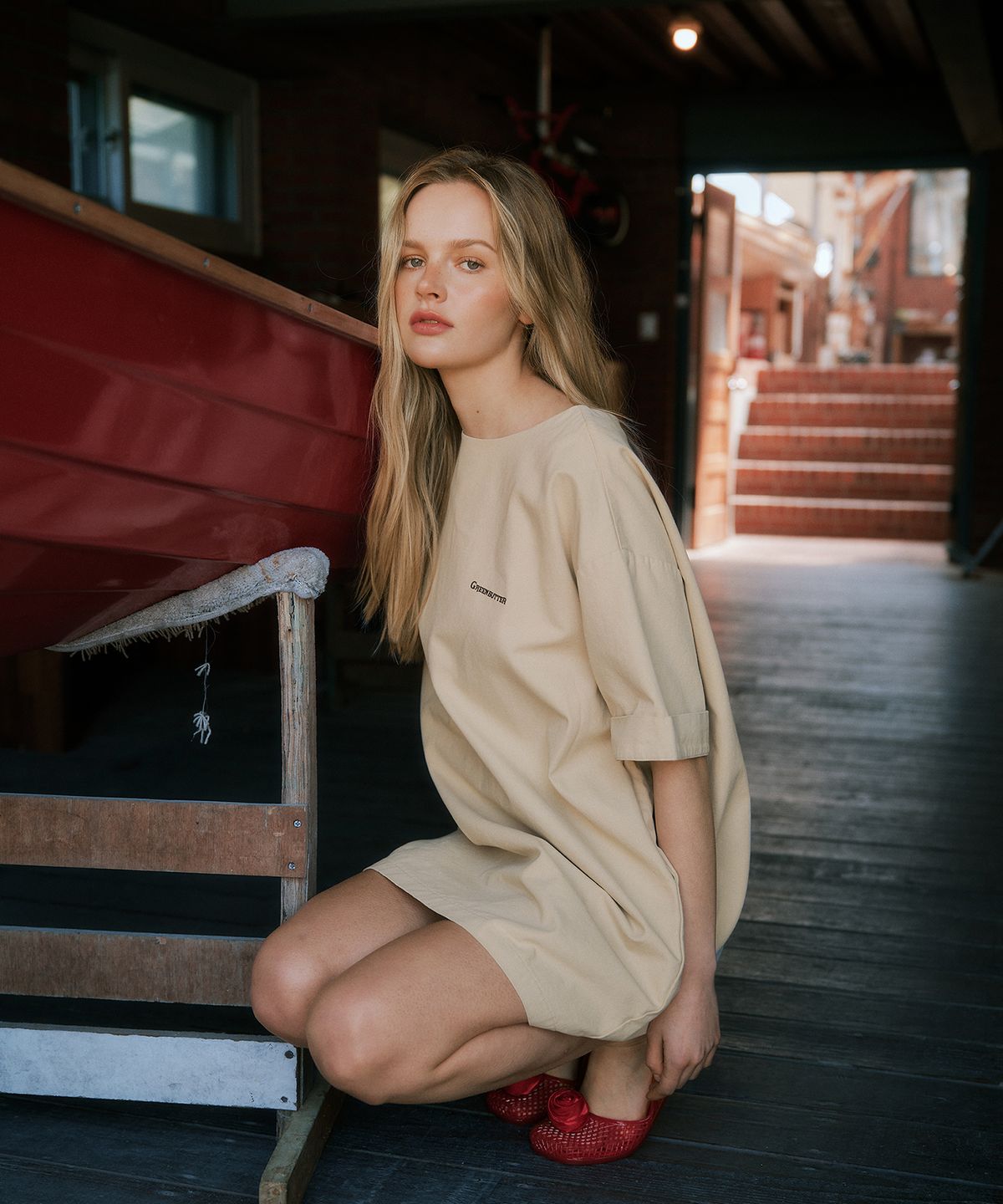 그린버터(GREENBUTTER) Relaxed Cotton Dress (Beige)
