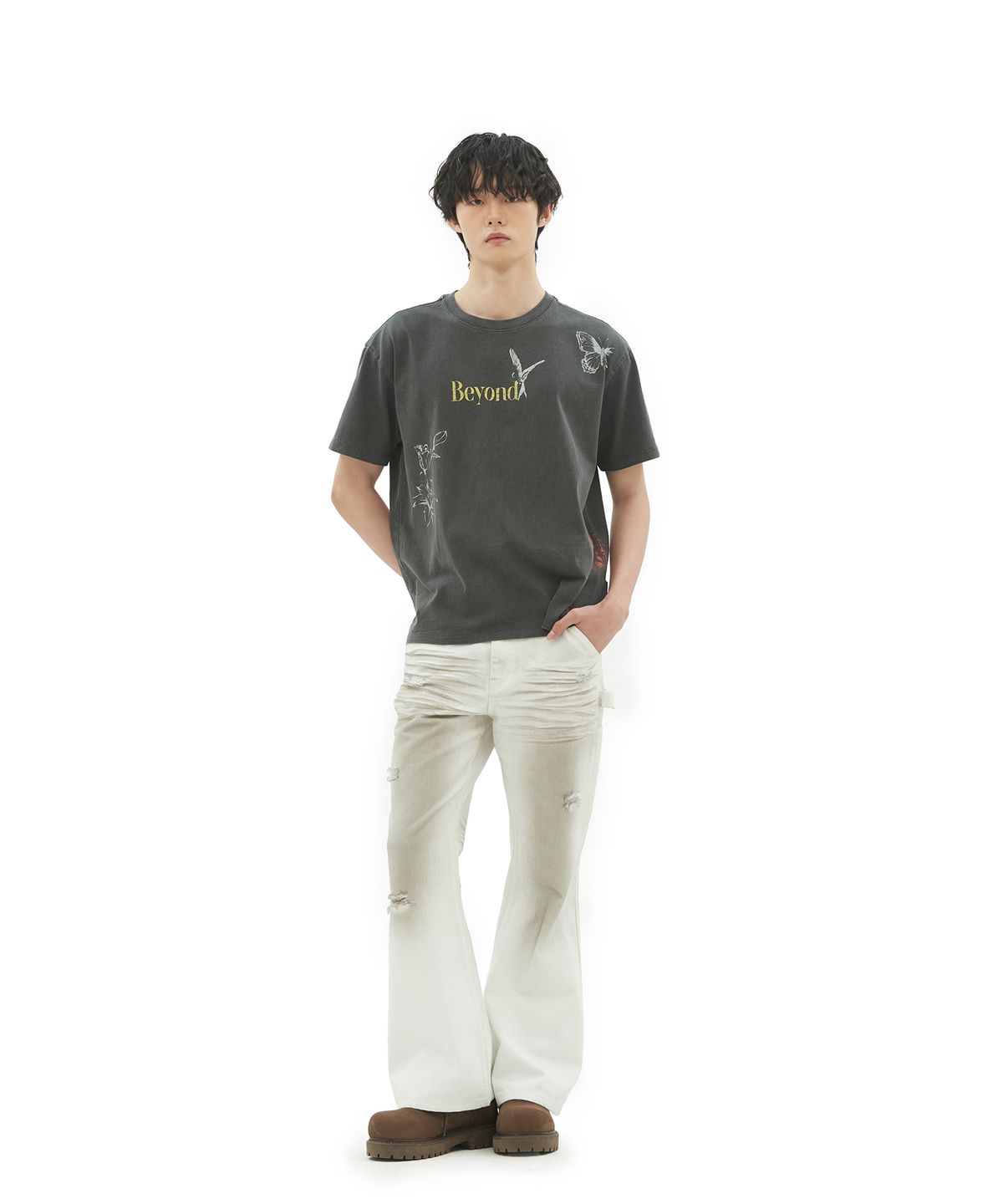 데프가먼츠(DEFGARMENTS) WASHED BUCKLE FLARE DENIM [WHITE]