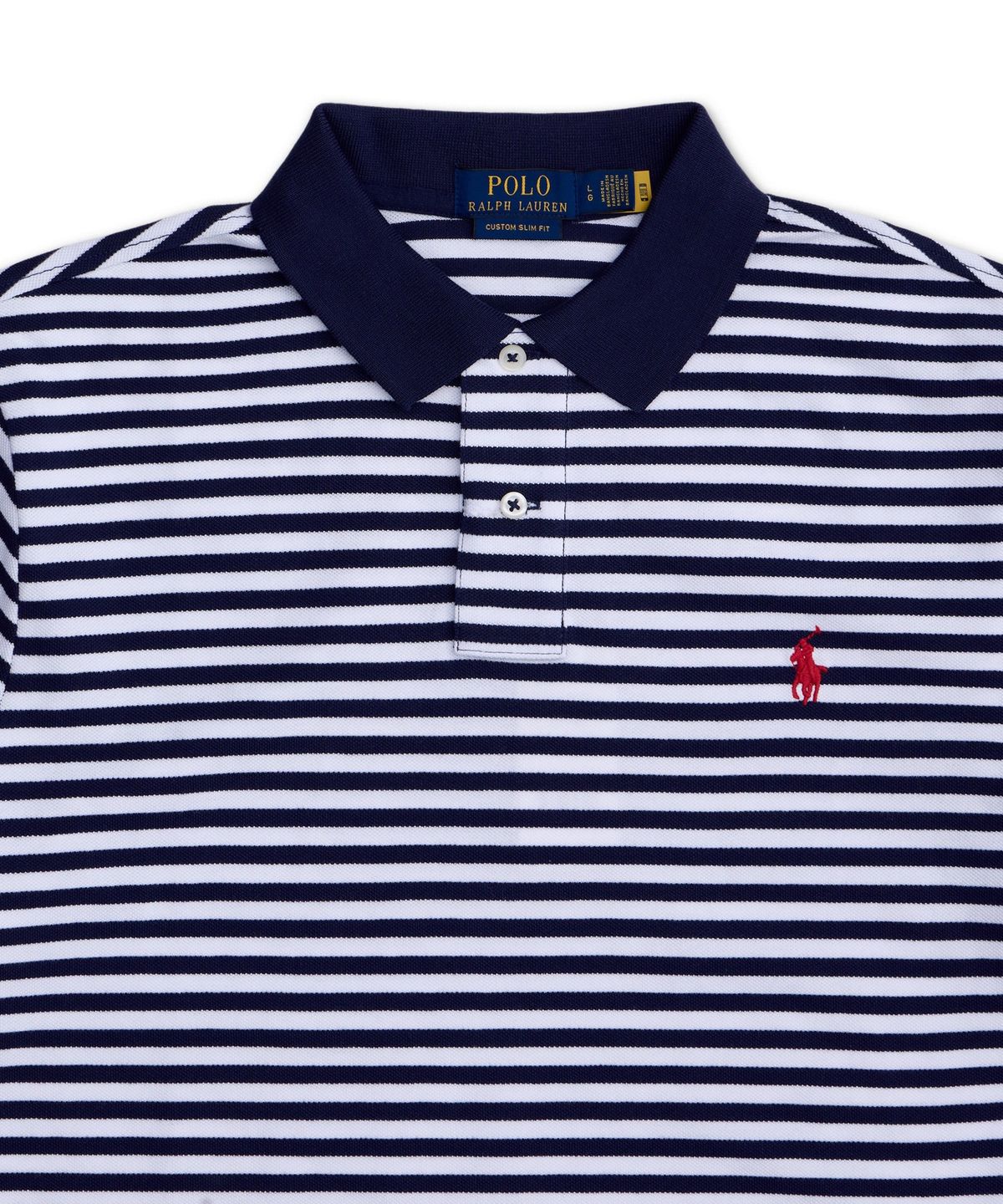 폴로 랄프 로렌(POLO RALPH LAUREN) 커스텀 슬림핏 스트라이프 메시 폴로 셔츠-네이비