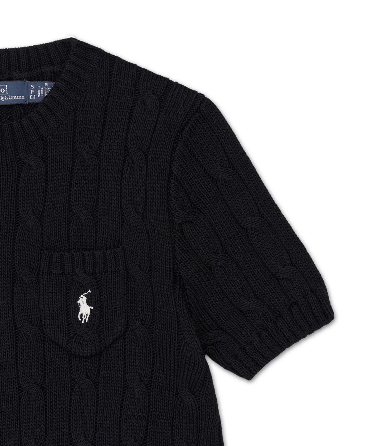 폴로 랄프 로렌(POLO RALPH LAUREN) 케이블 니트 코튼 숏 슬리브 스웨터-블랙