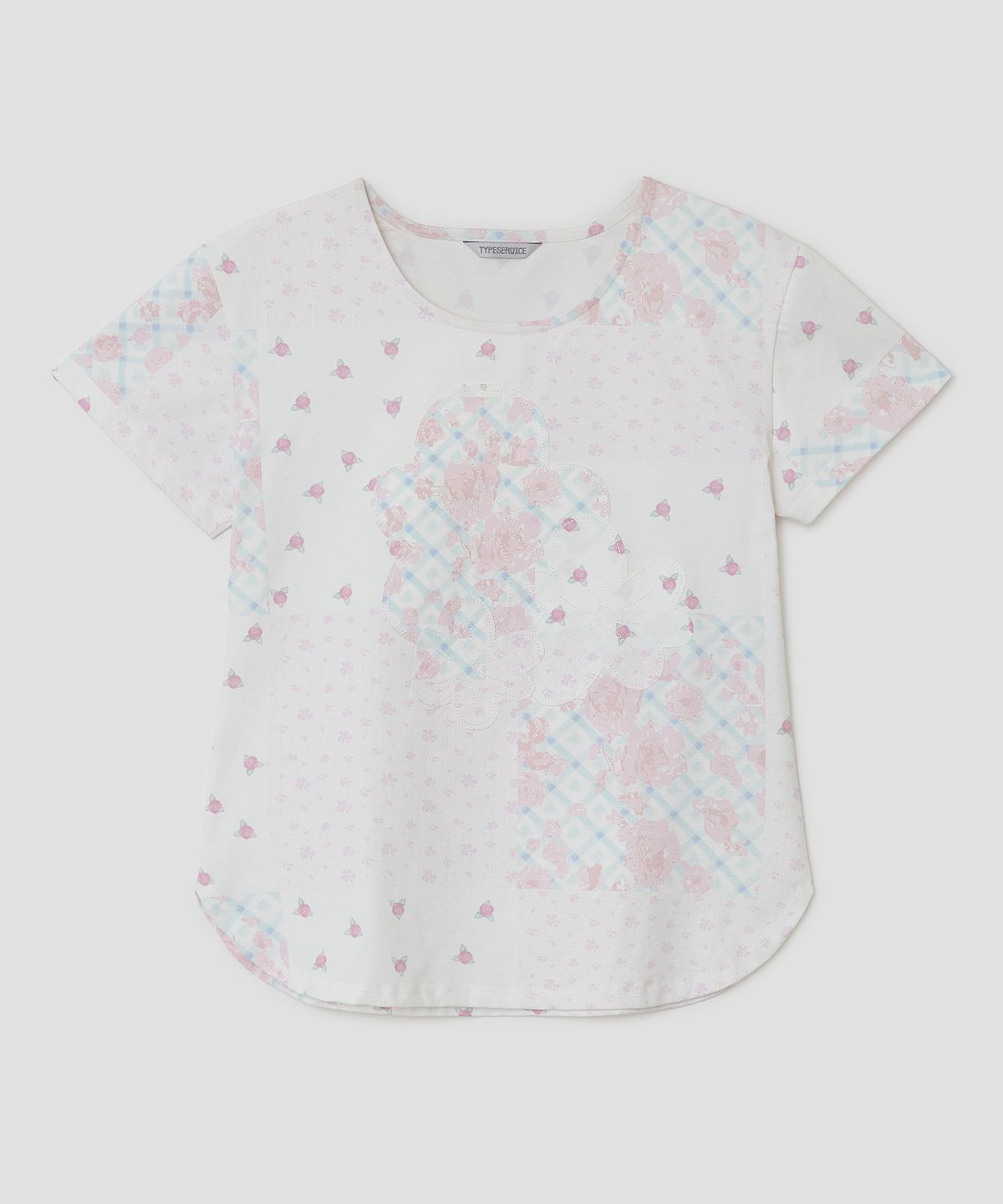 타입서비스(TYPESERVICE) Flower Applique Curve Short Sleeve Top [Pink]