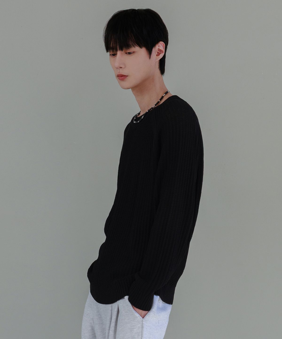 노드유(NODU) 라이트 루즈 와플 니트 [블랙]