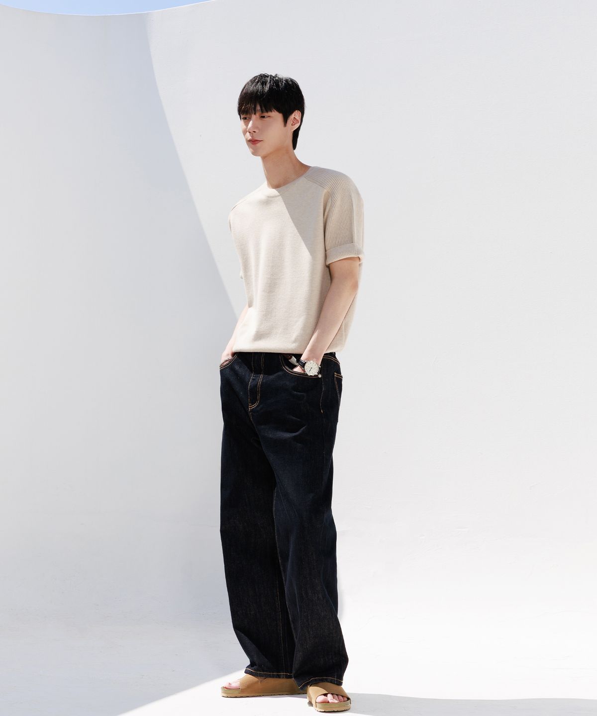 노드유(NODU) 믹스 골지 새들 크롭 하프 니트 [오트밀]