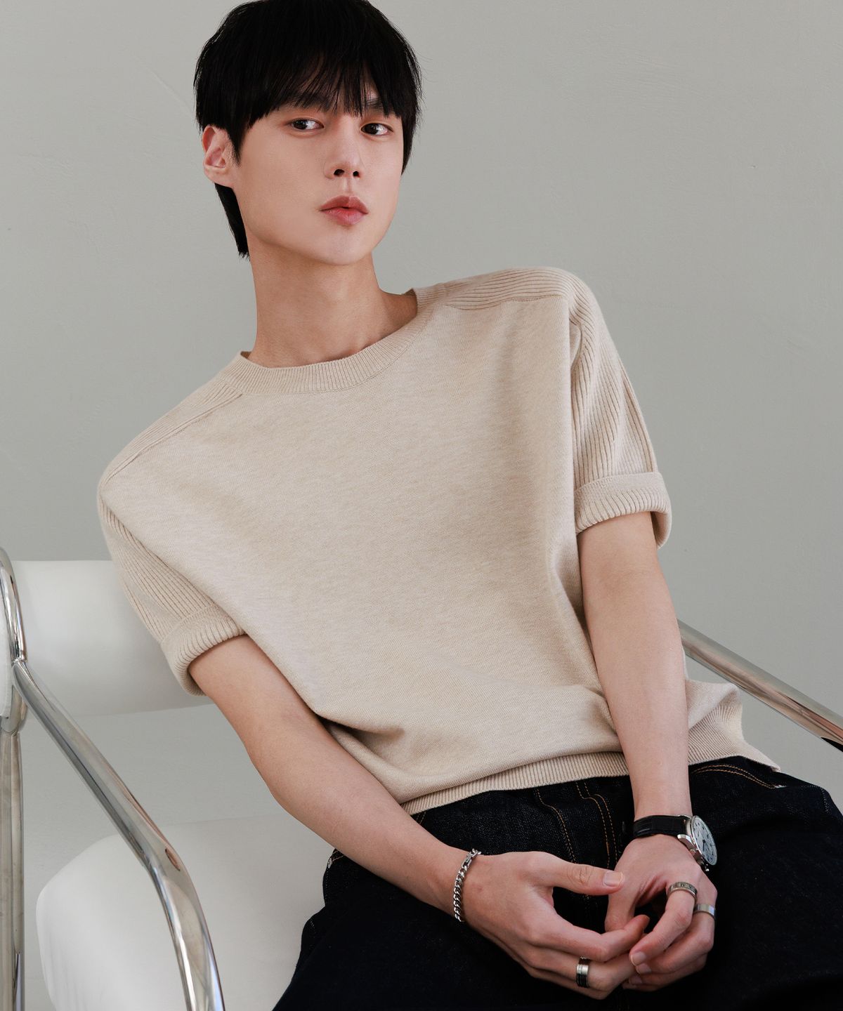 노드유(NODU) 믹스 골지 새들 크롭 하프 니트 [오트밀]