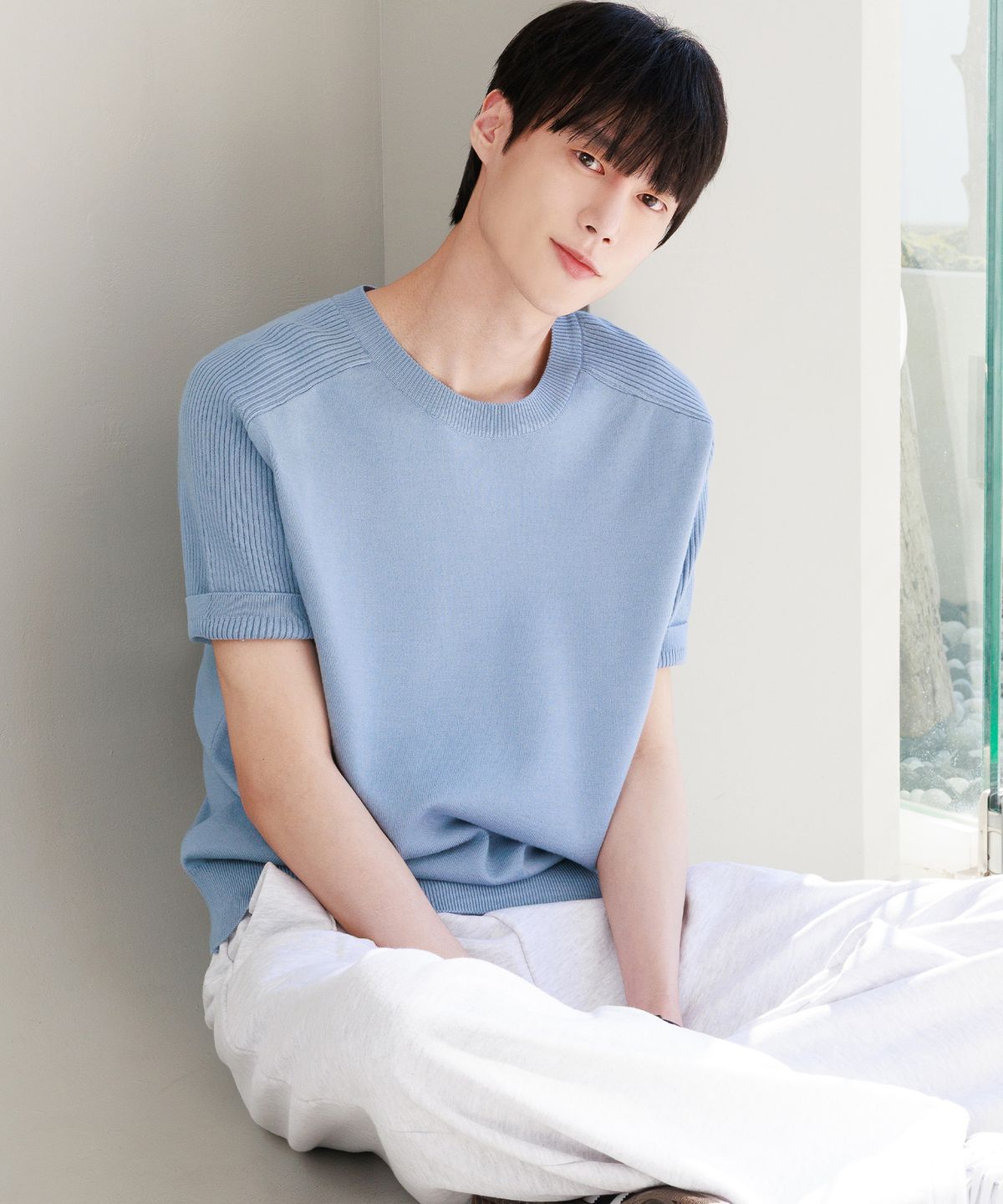 노드유(NODU) 믹스 골지 새들 크롭 하프 니트 [블루]