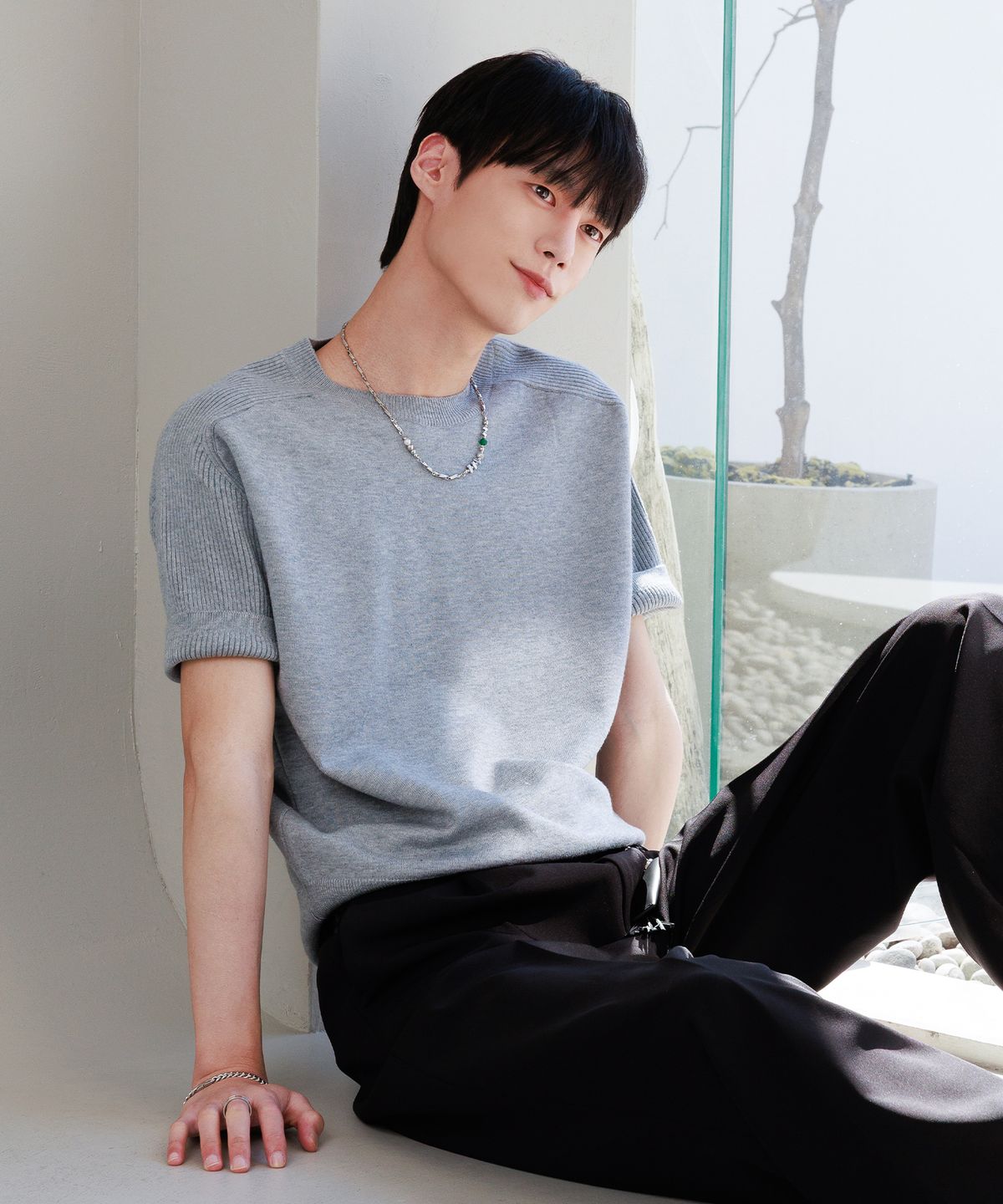 노드유(NODU) 믹스 골지 새들 크롭 하프 니트 [그레이]
