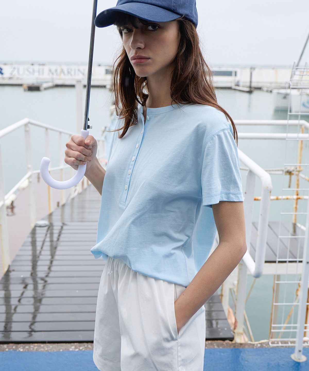 르바(LEVAR) Henley Neck Cotton T-shirt - Bliss Skyblue
