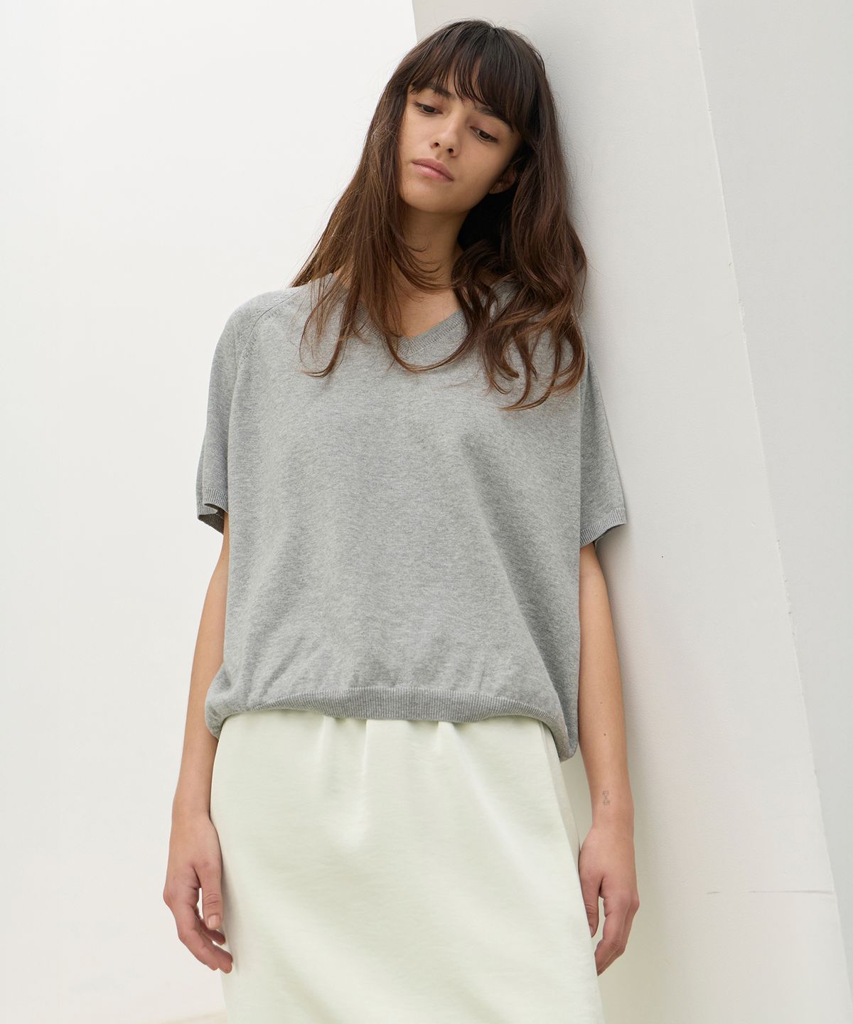 르바(LEVAR) Fresh Cotton V-Neck Knit - Melange Grey