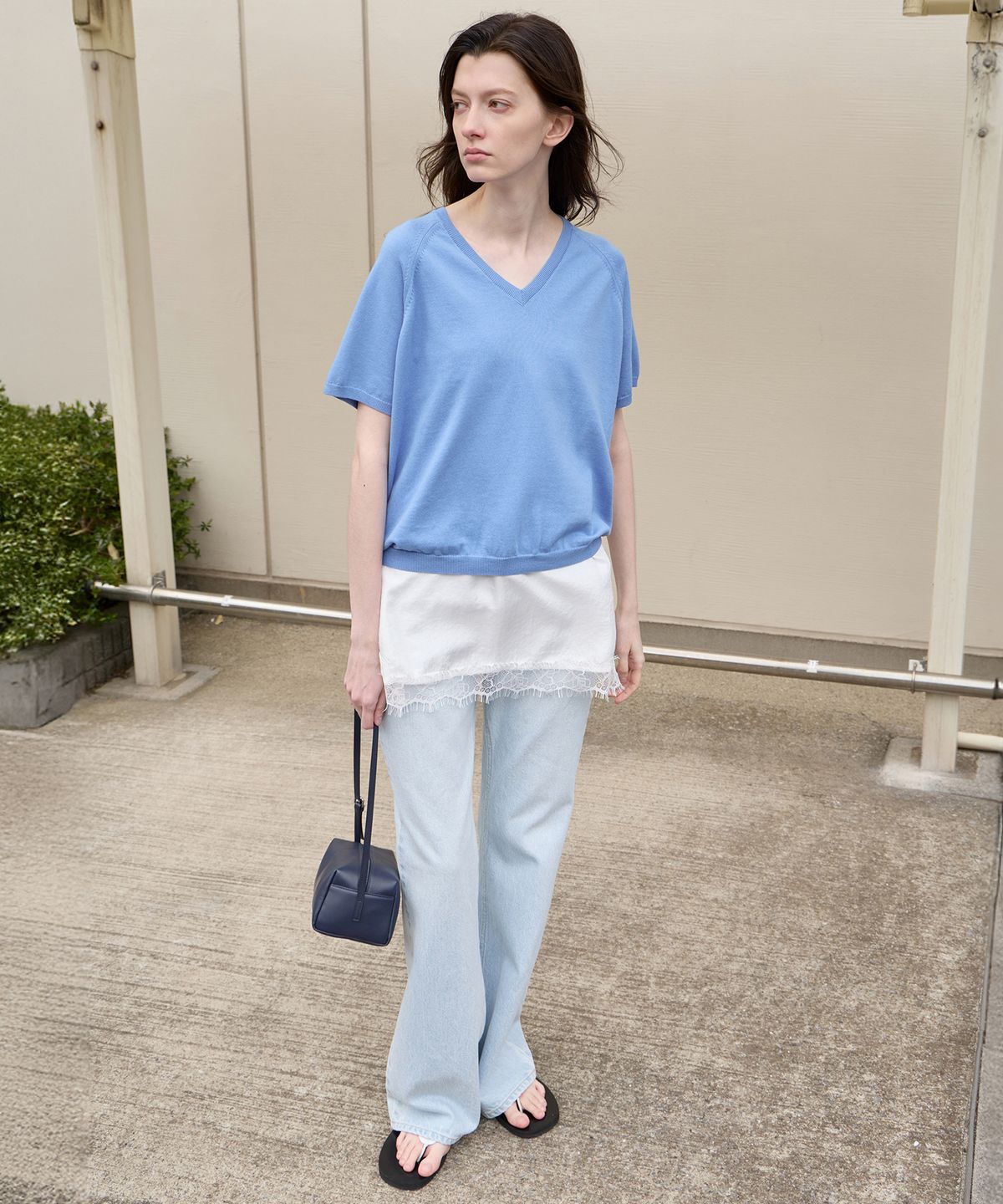 르바(LEVAR) Fresh Cotton V-Neck Knit - Harbor Blue