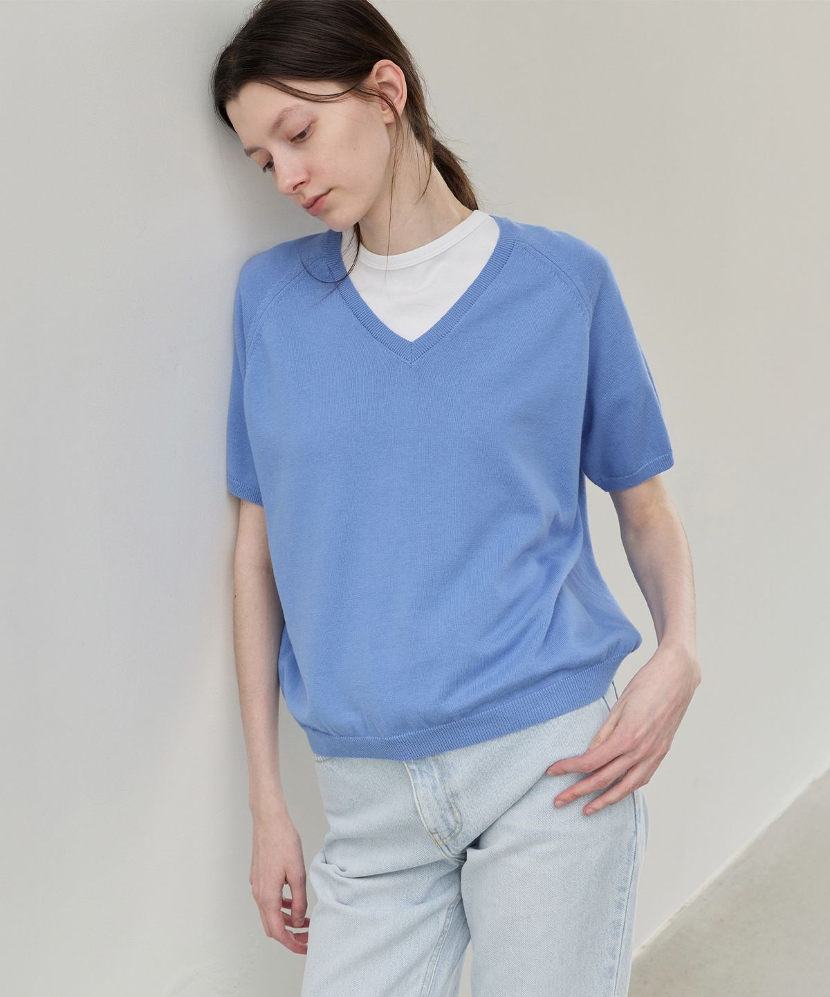 르바(LEVAR) Fresh Cotton V-Neck Knit - Harbor Blue