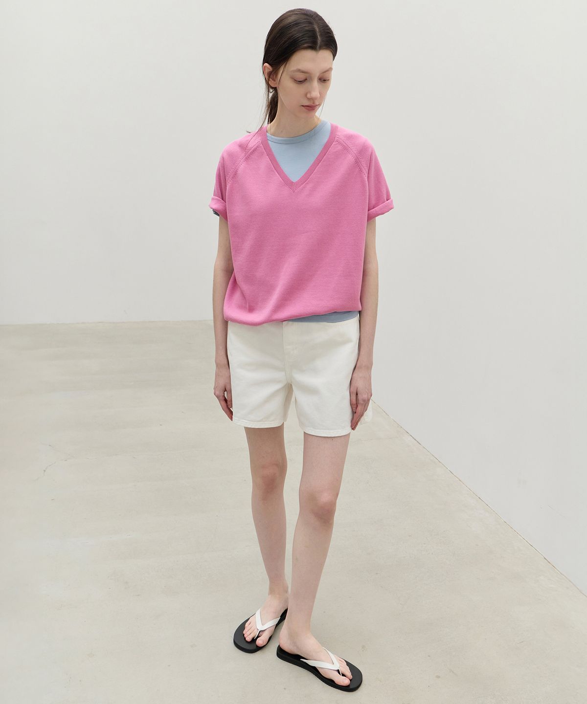 르바(LEVAR) Fresh Cotton V-Neck Knit - BubbleGum Pink