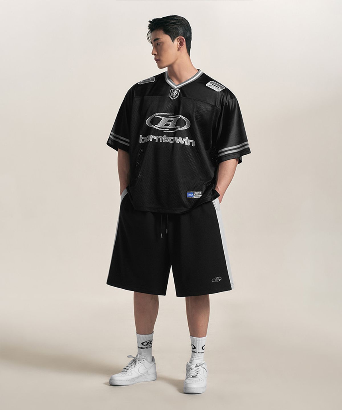 본투윈(BORN TO WIN) SILVER B BLOCK MESH JERSEY BERMUDA PANTS [BLACK]