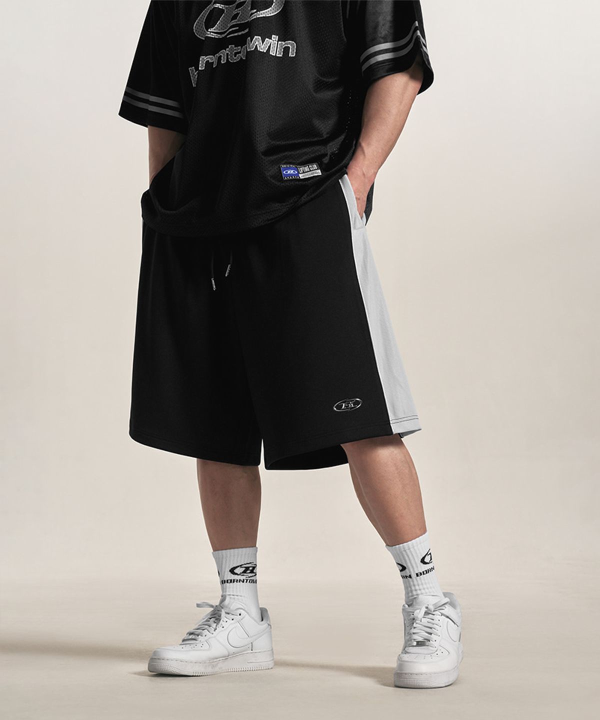 본투윈(BORN TO WIN) SILVER B BLOCK MESH JERSEY BERMUDA PANTS [BLACK]