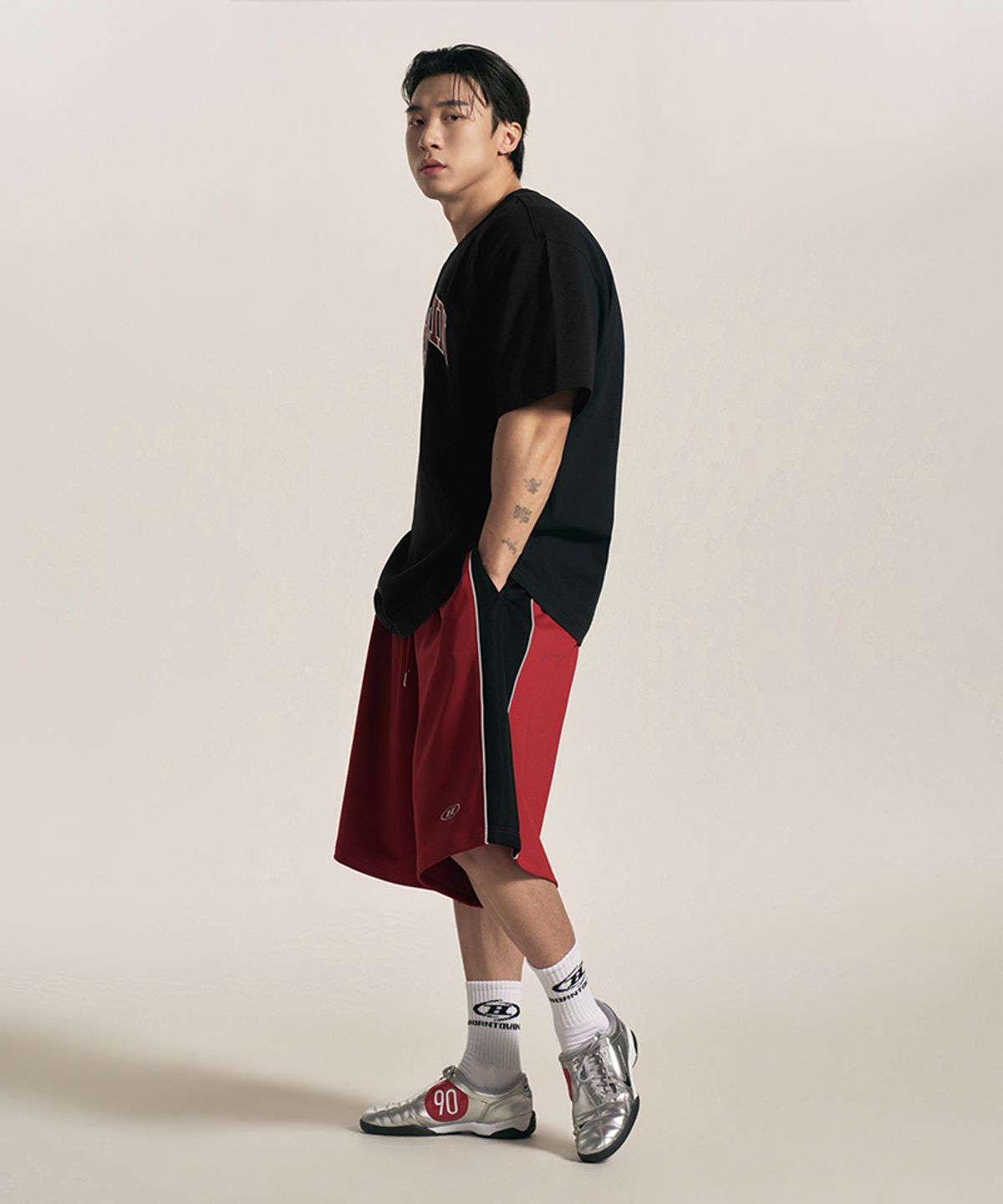 본투윈(BORN TO WIN) SILVER B BLOCK MESH JERSEY BERMUDA PANTS [RED]