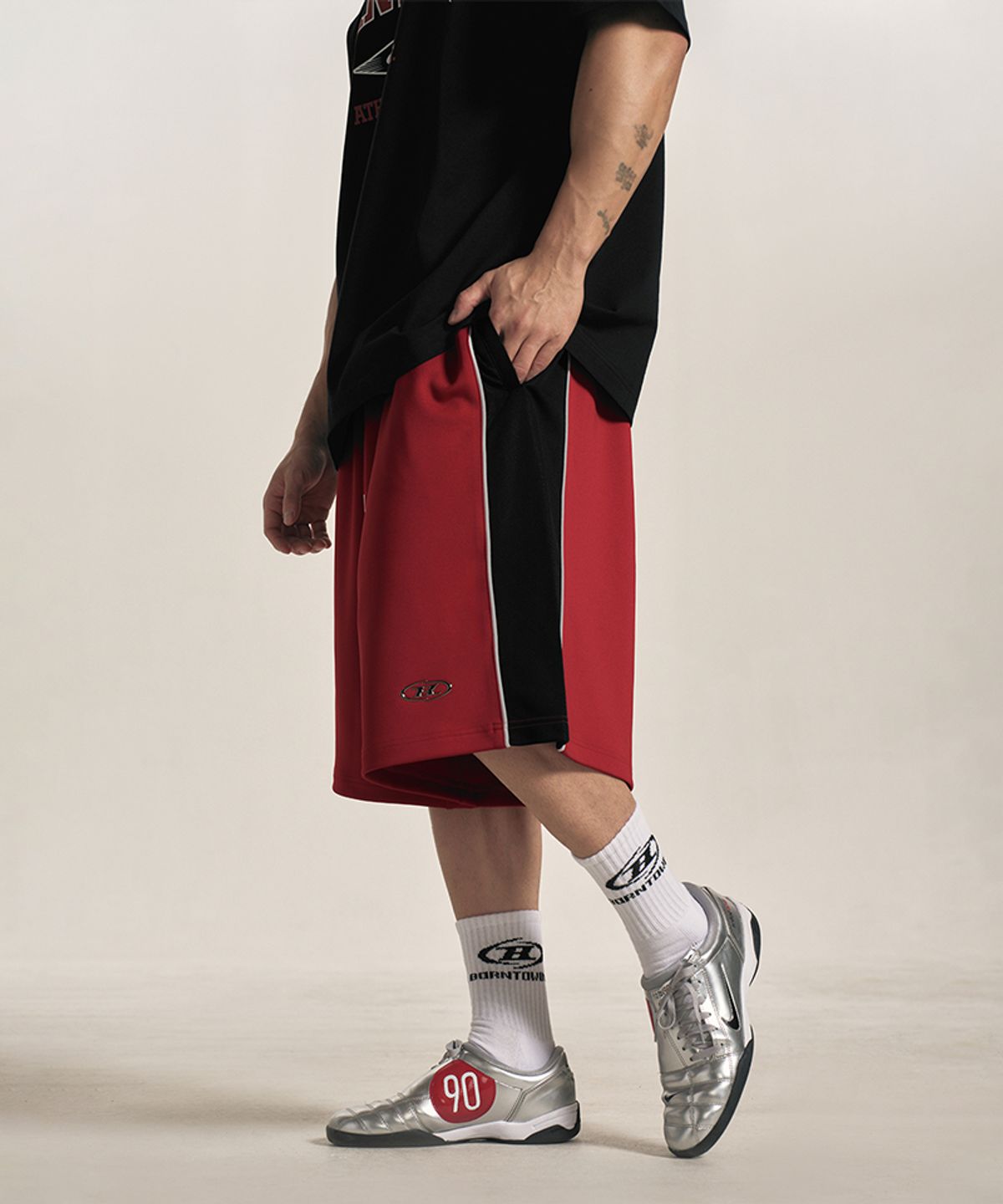 본투윈(BORN TO WIN) SILVER B BLOCK MESH JERSEY BERMUDA PANTS [RED]
