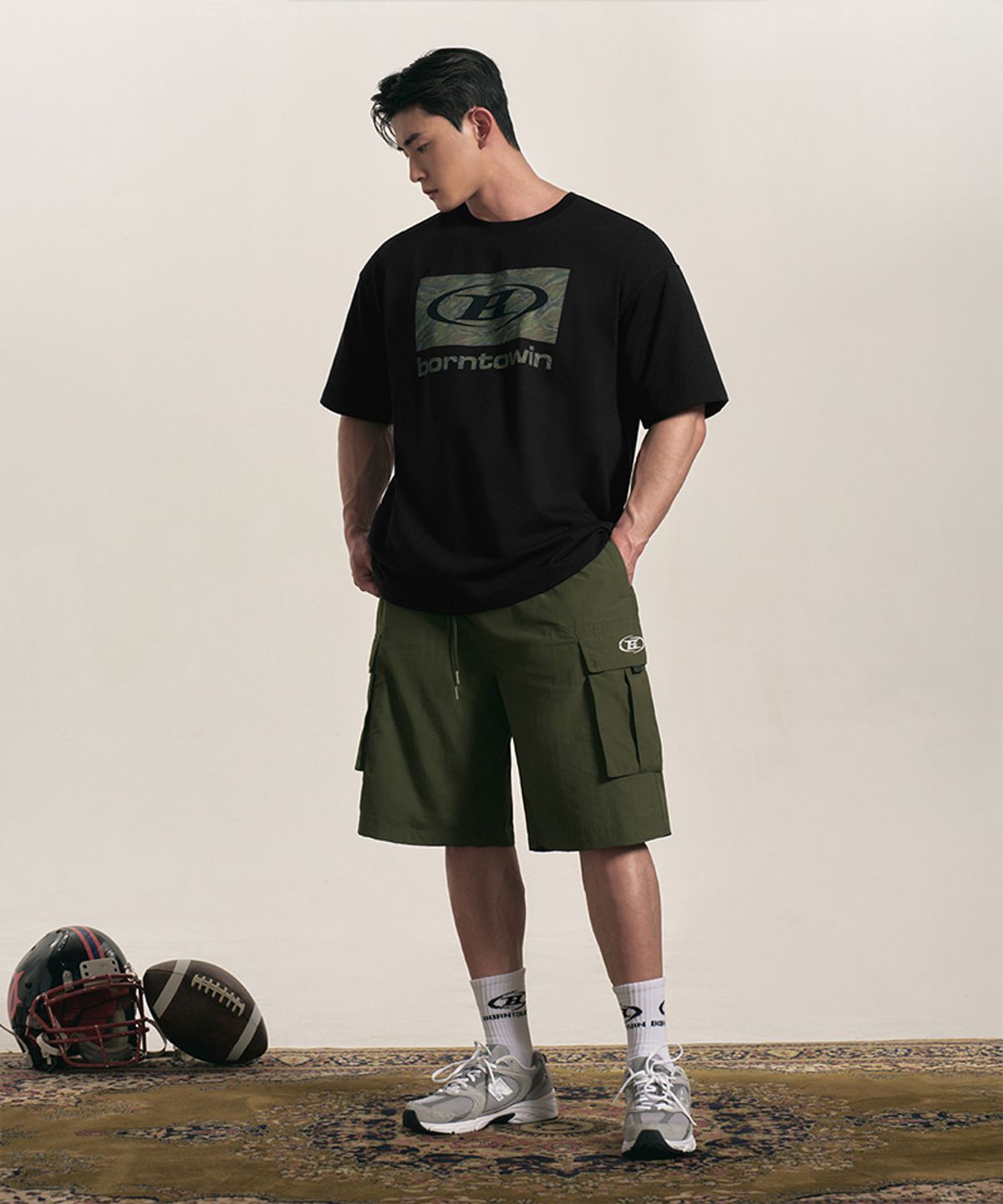 본투윈(BORN TO WIN) SYMBOL LOGO NYLON CARGO BERMUDA PANTS [KHAKI]