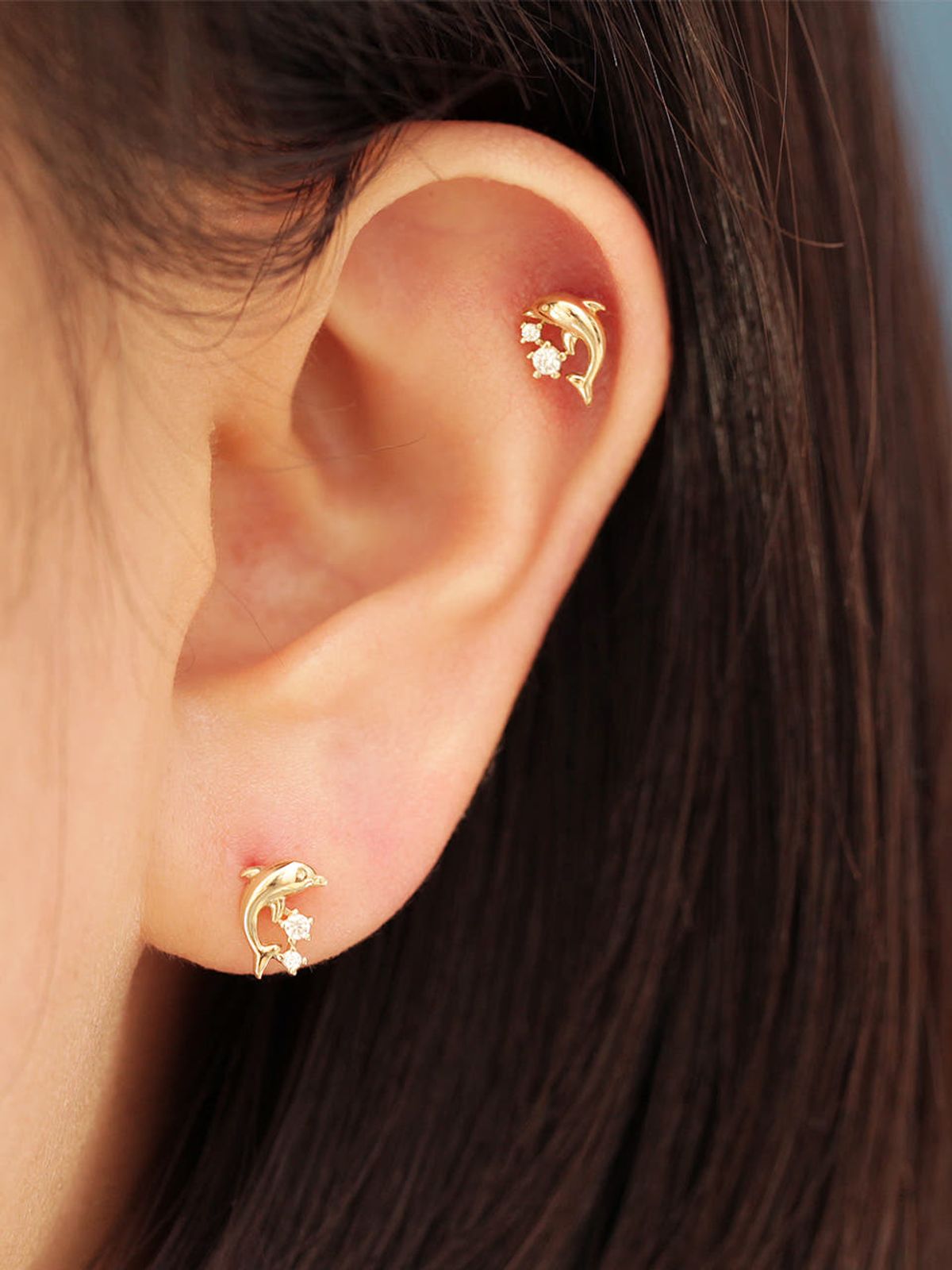 미니멀피어싱(MINIMALPIERCING) [0.8mm] 14K 인터널 미니 큐빅 돌고래 라블렛 피어싱 귀걸이