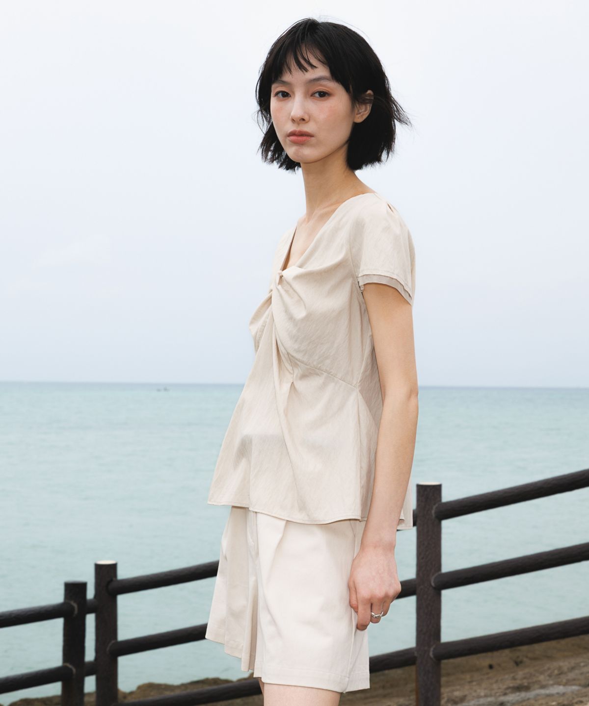 드헤베(DEHEVE) Twist Lace Sleeve Blouse [Beige]