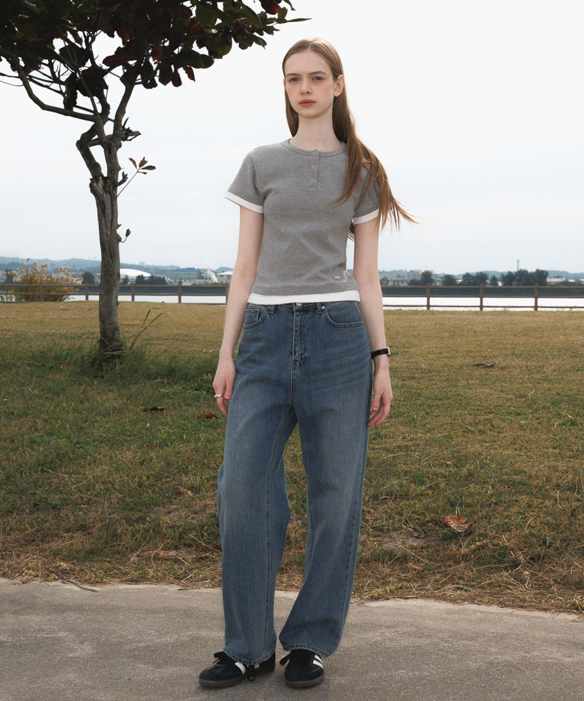 드헤베(DEHEVE) Layered Eyelet T-Shirt [Gray]