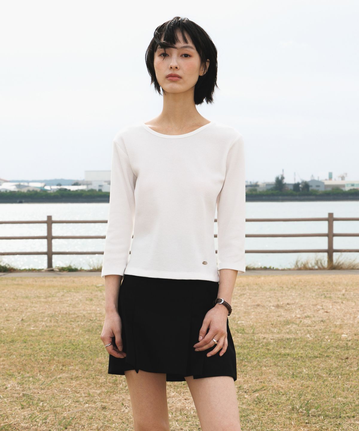 드헤베(DEHEVE) Basic Waffle T-Shirt [Ivory]
