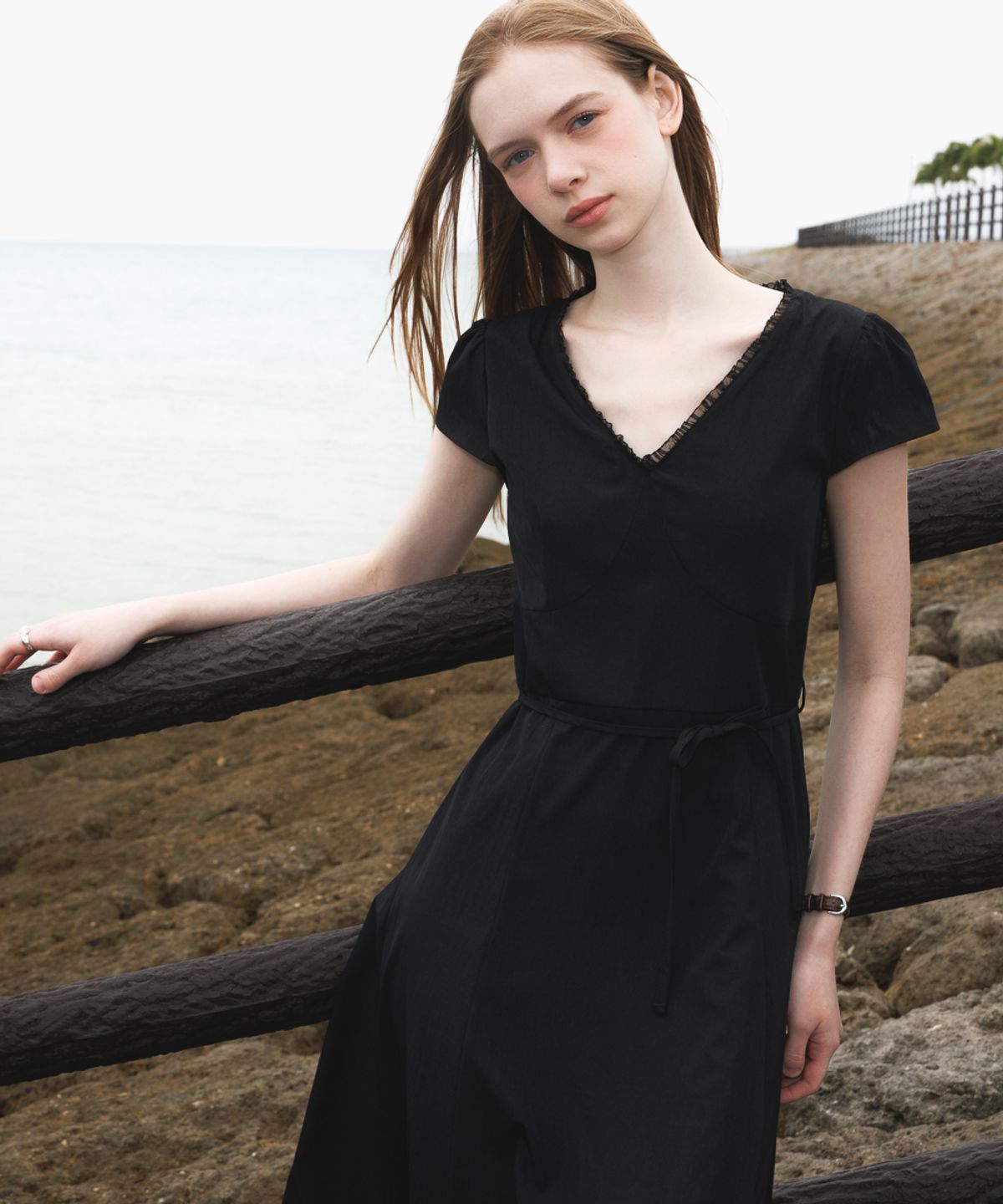 드헤베(DEHEVE) V-Neck Flare Dress [Black]