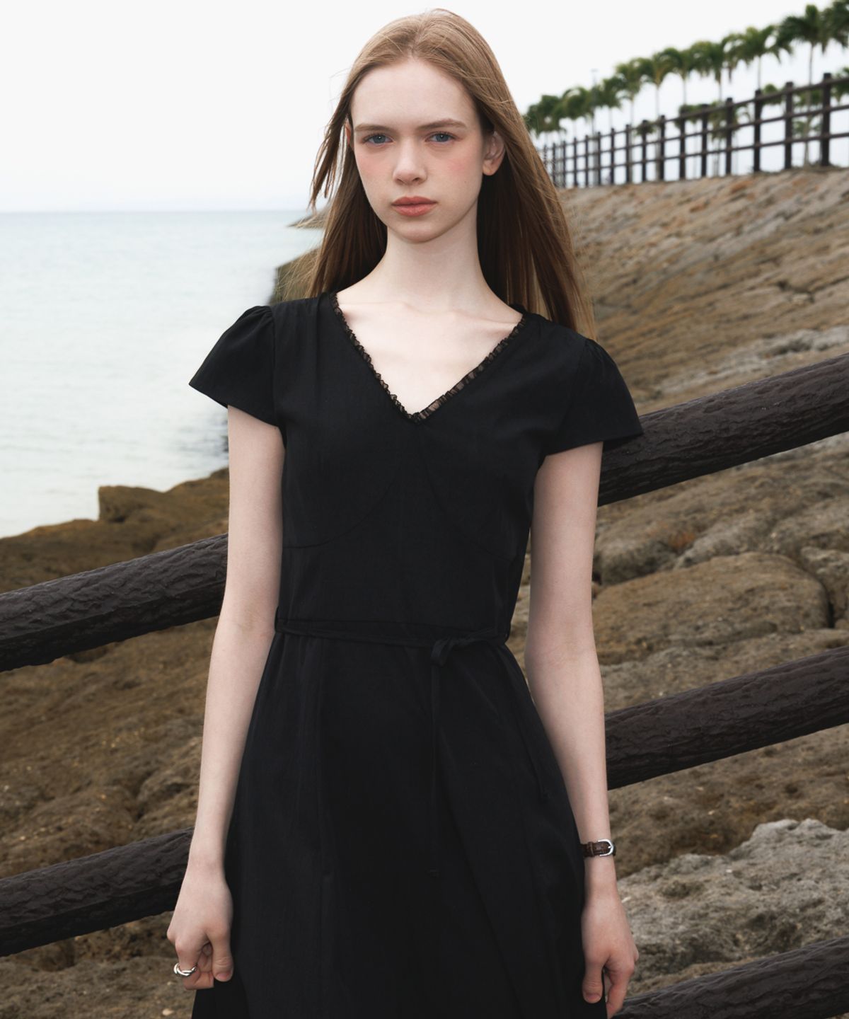 드헤베(DEHEVE) V-Neck Flare Dress [Black]