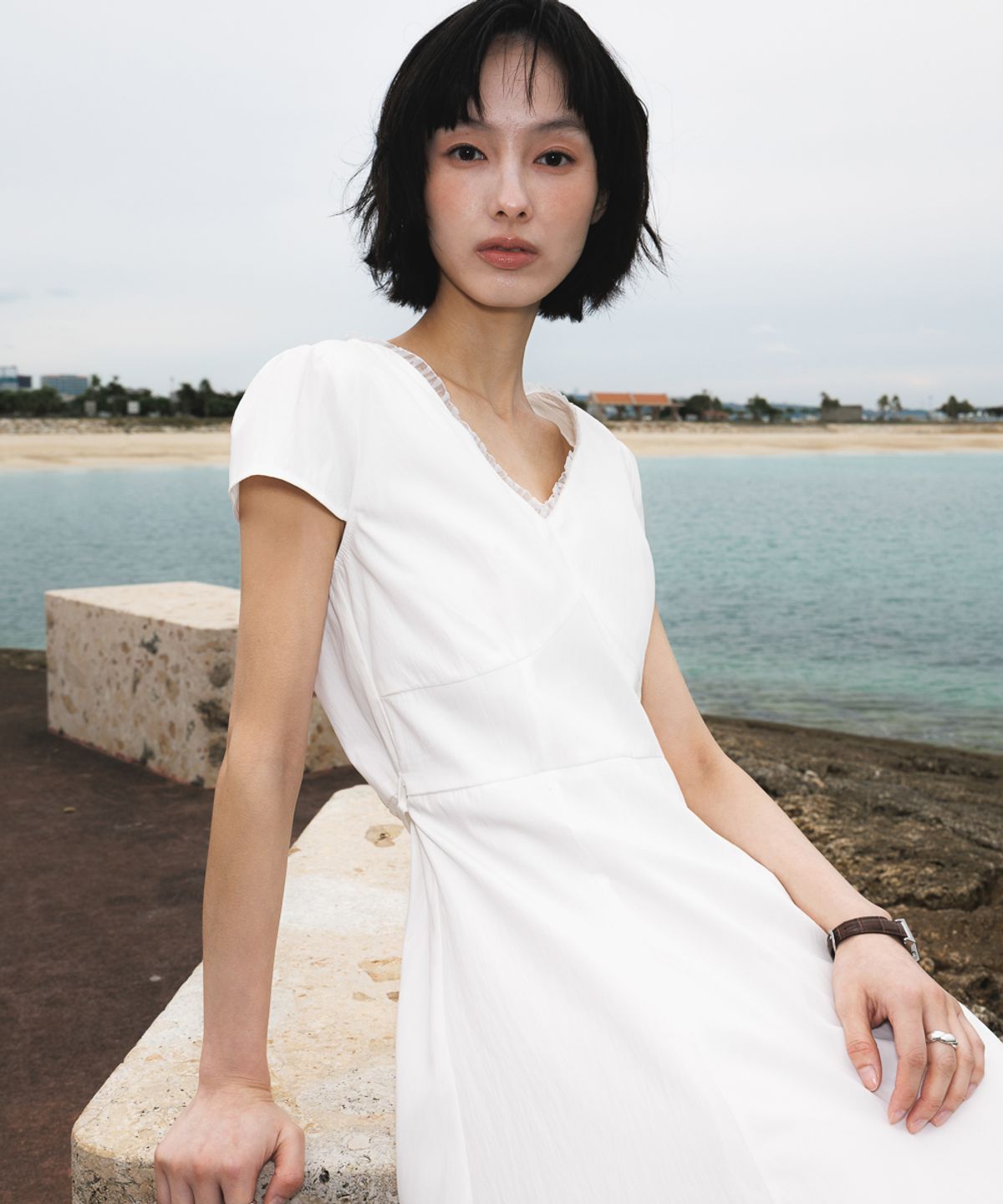 드헤베(DEHEVE) V-Neck Flare Dress [Ivory]