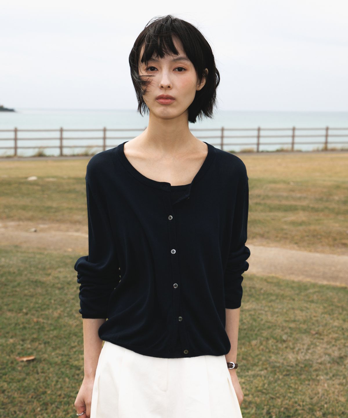드헤베(DEHEVE) Summer Knit Cardigan Set [Black]