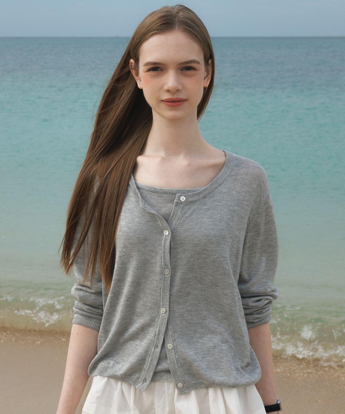 드헤베(DEHEVE) Summer Knit Cardigan Set [Gray]