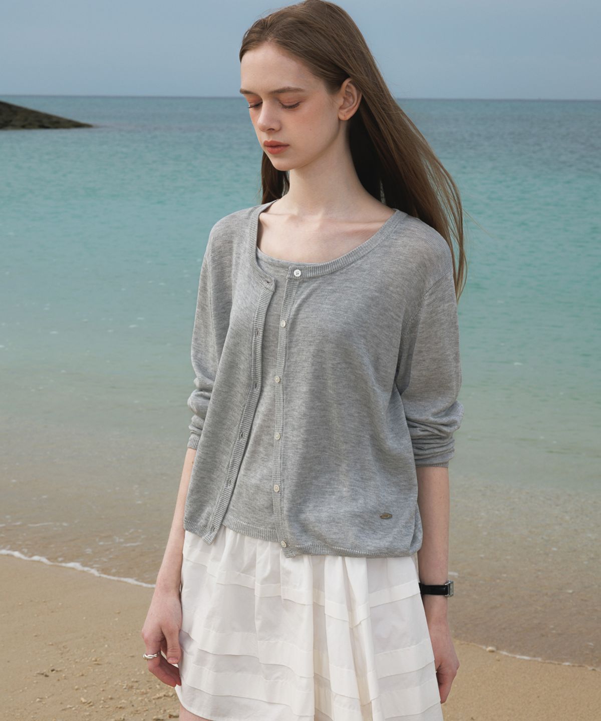 드헤베(DEHEVE) Summer Knit Cardigan Set [Gray]