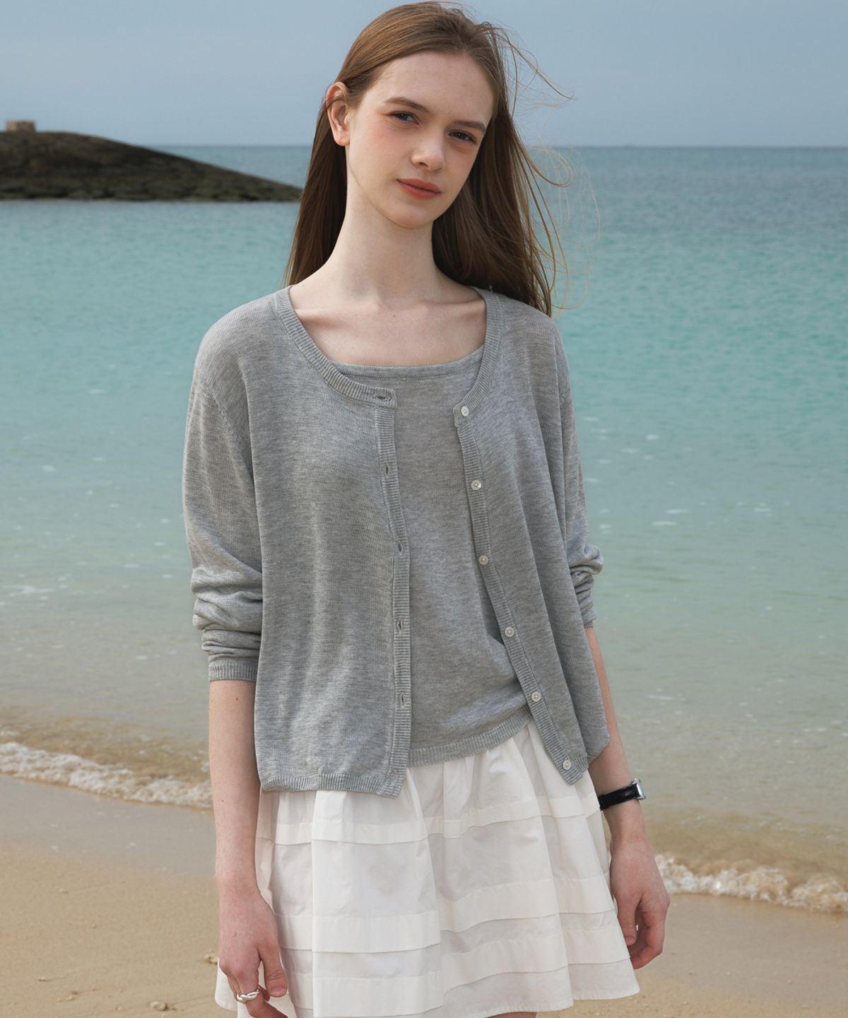 드헤베(DEHEVE) Summer Knit Cardigan Set [Gray]