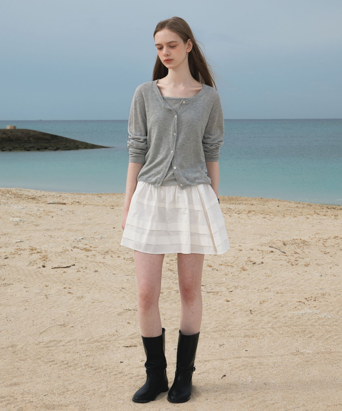 드헤베(DEHEVE) Summer Knit Cardigan Set [Gray]