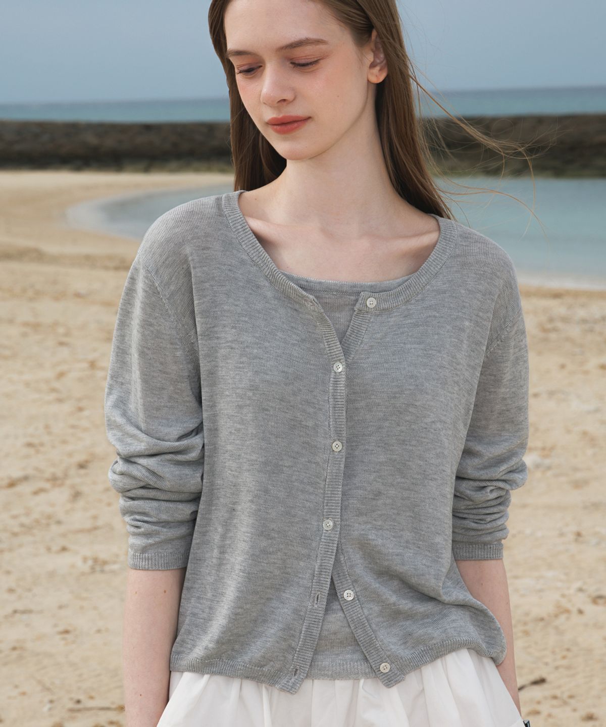 드헤베(DEHEVE) Summer Knit Cardigan Set [Gray]