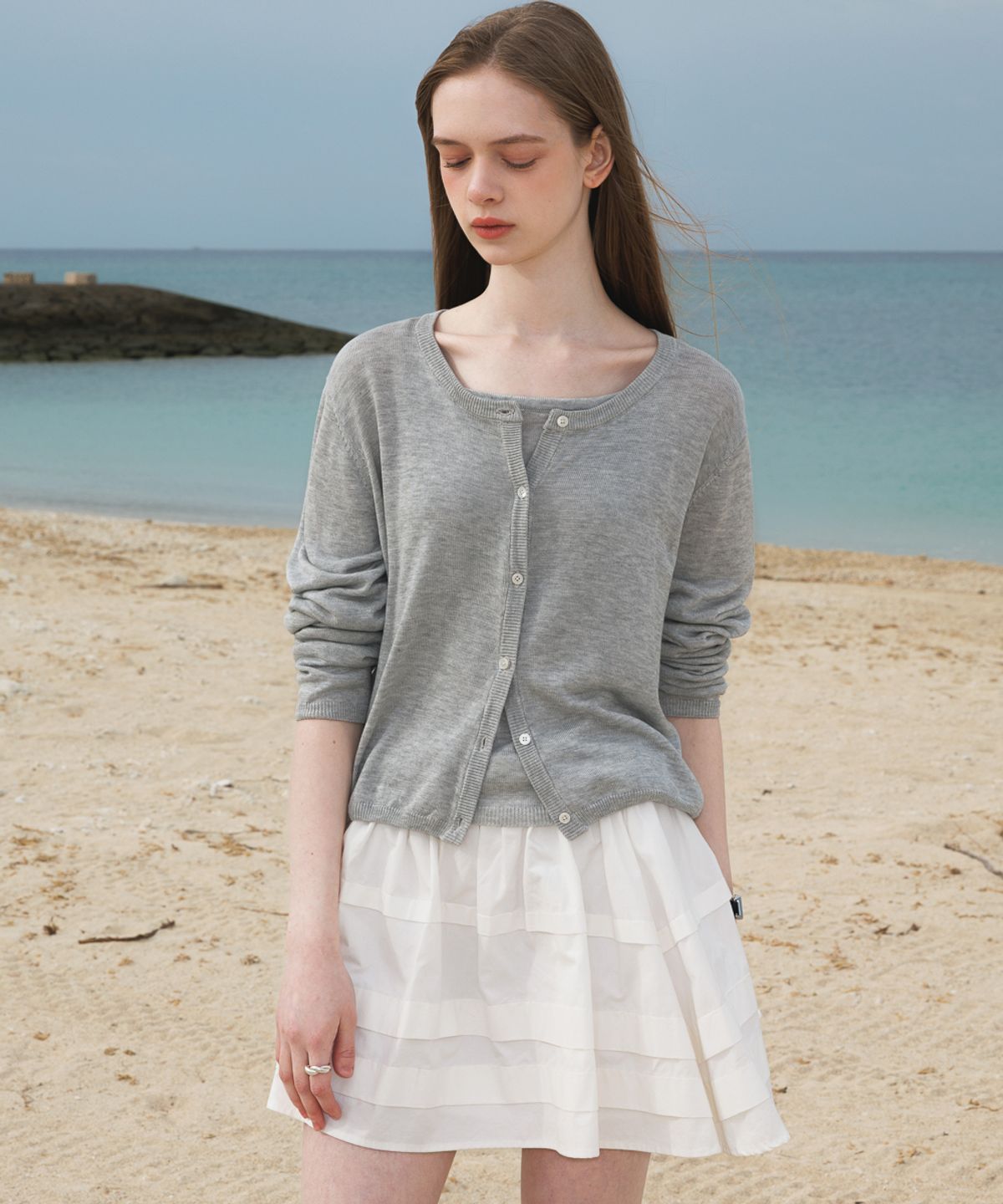 드헤베(DEHEVE) Summer Knit Cardigan Set [Gray]
