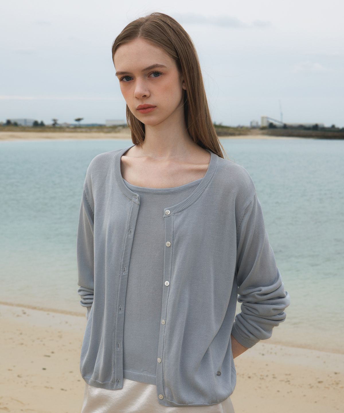 드헤베(DEHEVE) Summer Knit Cardigan Set [Sky Blue]