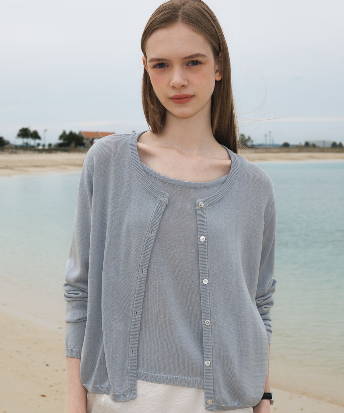 드헤베(DEHEVE) Summer Knit Cardigan Set [Sky Blue]