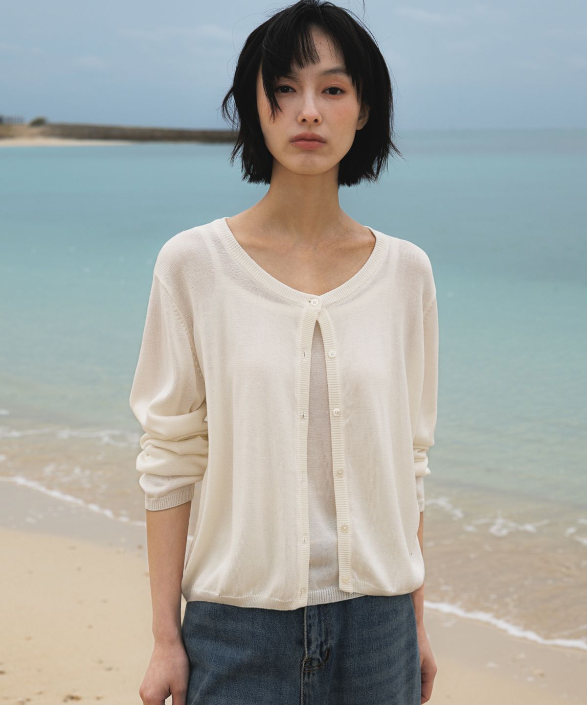드헤베(DEHEVE) Summer Knit Cardigan Set [Ivory]