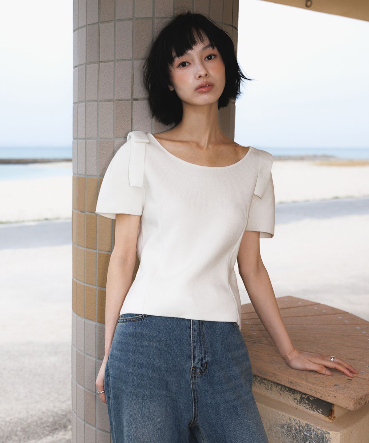 드헤베(DEHEVE) Boat Neck Ribbon Knit [Ivory]