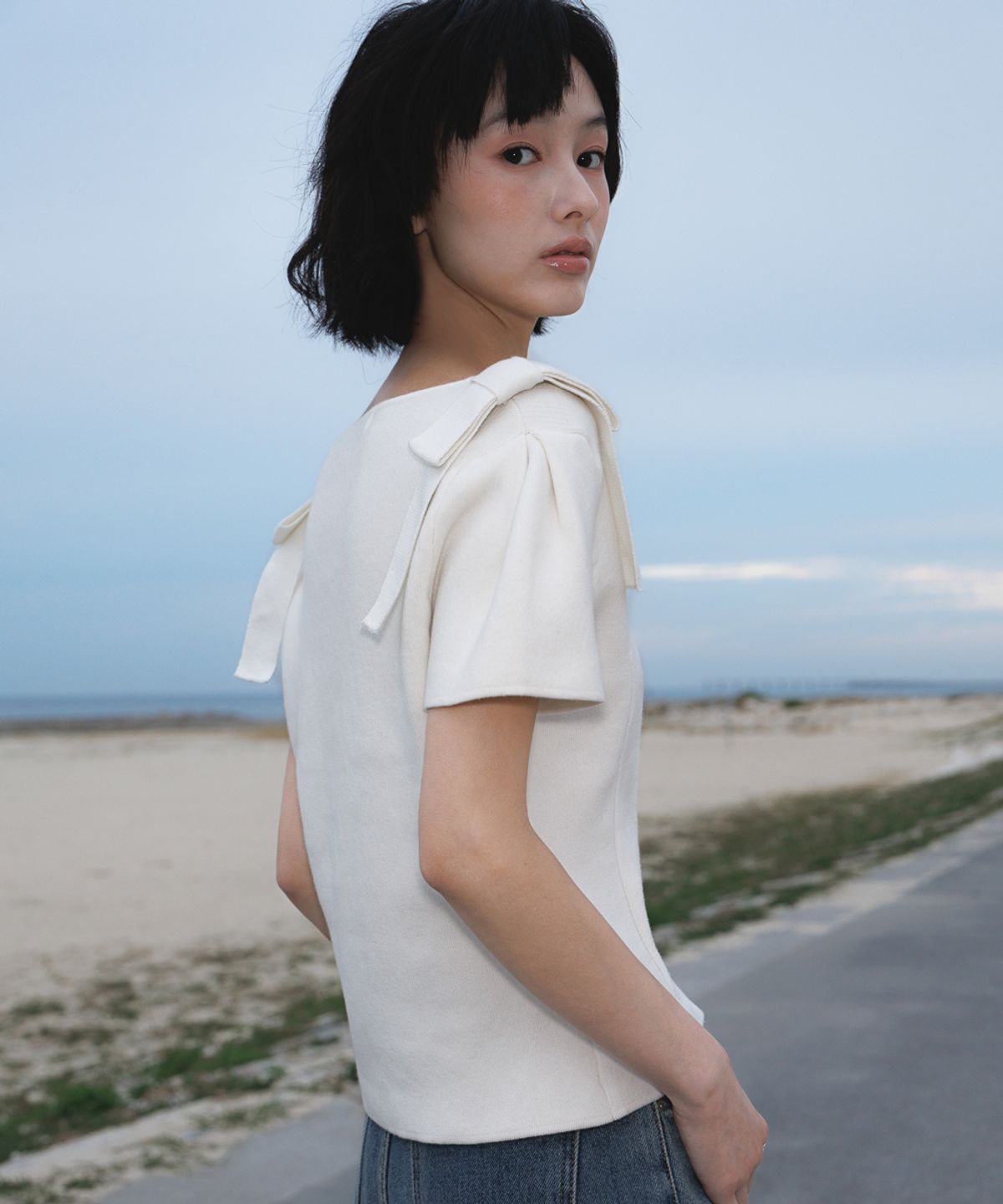 드헤베(DEHEVE) Boat Neck Ribbon Knit [Ivory]