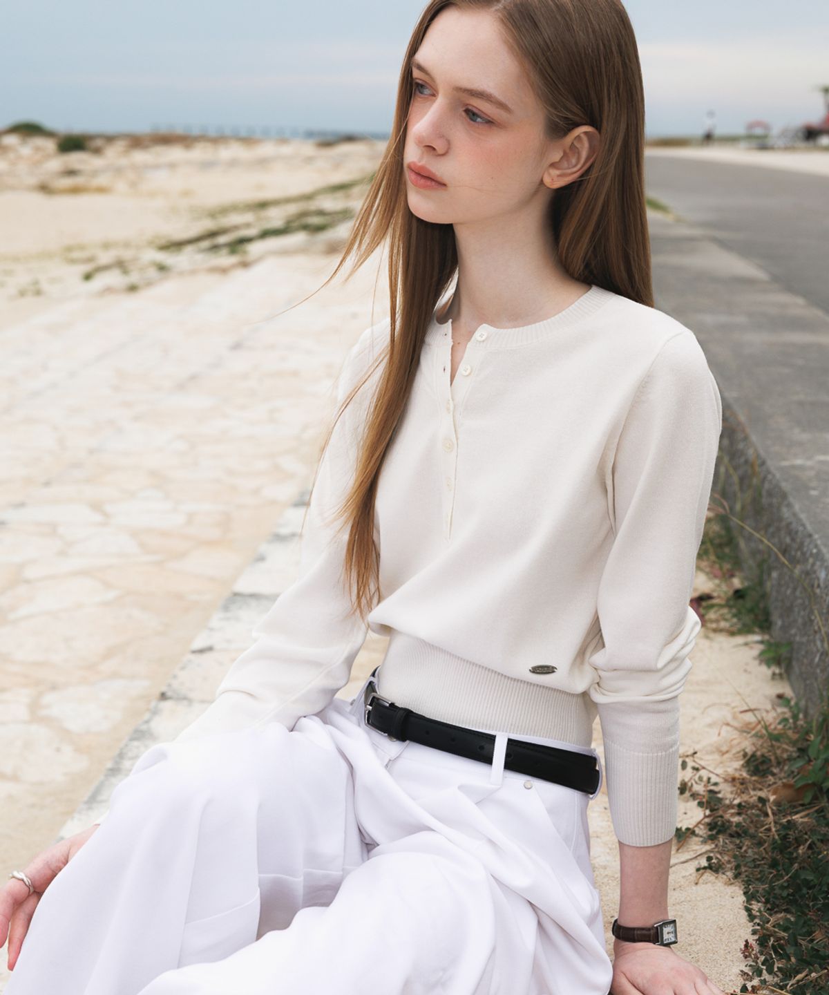 드헤베(DEHEVE) Summer Henley Neck Knit [Ivory]