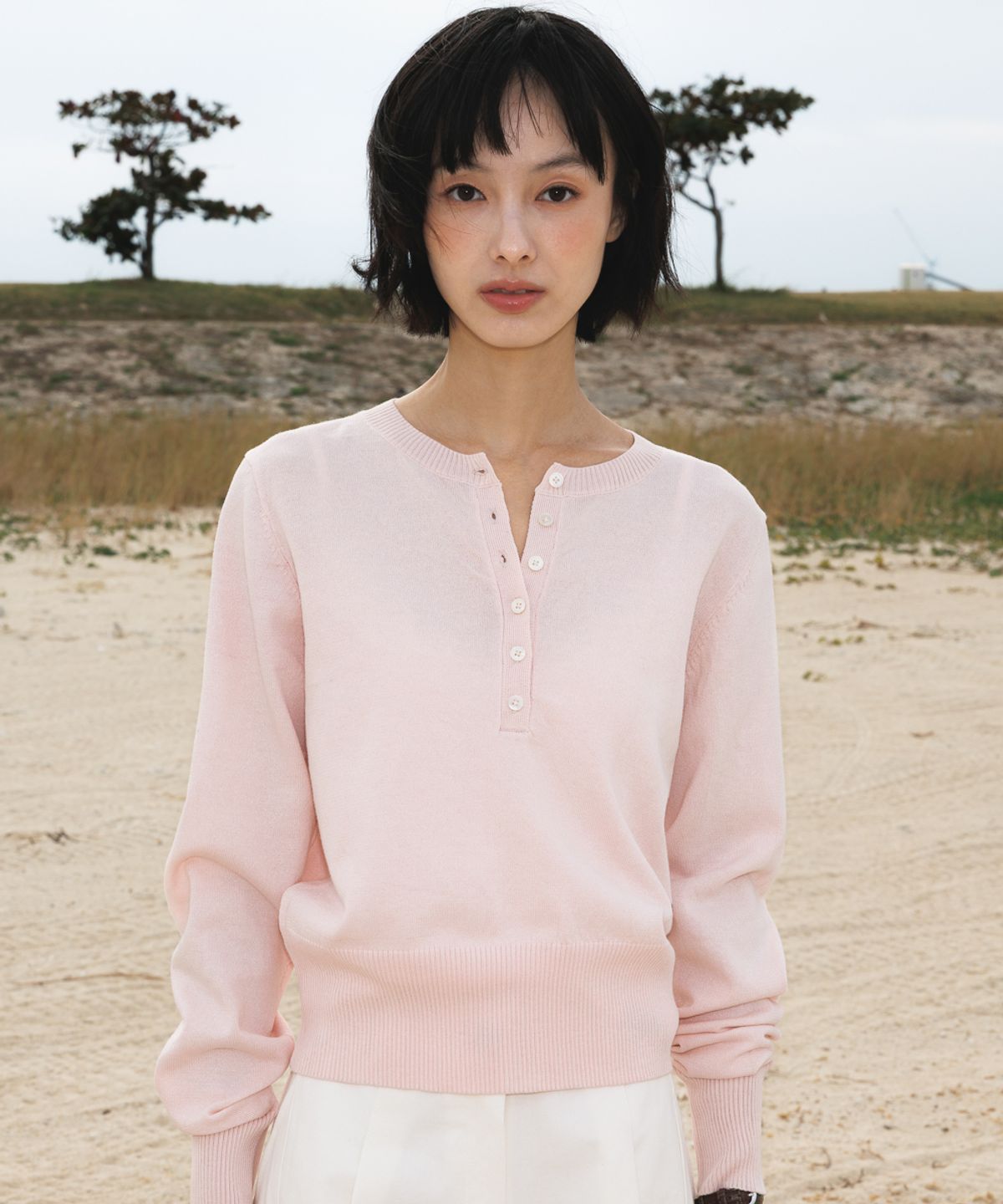 드헤베(DEHEVE) Summer Henley Neck Knit [Pink]